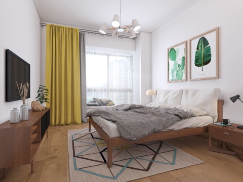  北欧卧室 吊灯 挂画  双人床 装饰柜 摆件3d模型 