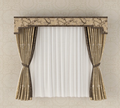  新中式布艺窗帘窗纱3d模型 