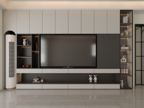  现代简约风电视背景墙满墙背景柜嵌入式空调一体柜3d模型 