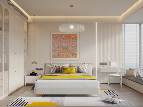  中古侘寂风卧室 主卧室 民宿 双人床 飘窗柜 吊灯 衣柜3d模型 