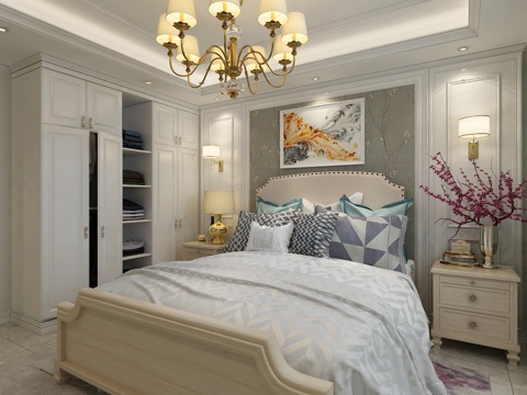  新中式卧室吊灯 双人床 挂画 壁灯 衣橱 台灯3d模型 