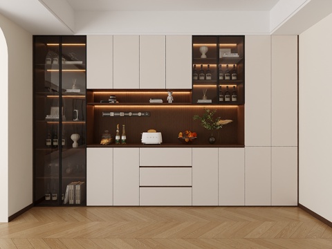  中古风实木餐边柜靠墙一体储物柜现代简约餐厅酒柜复古茶水柜3d模型 