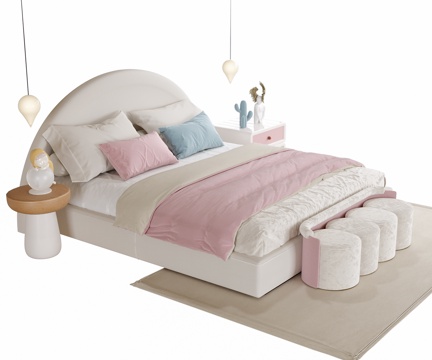 现代儿童房 床尾凳 床头柜su模型