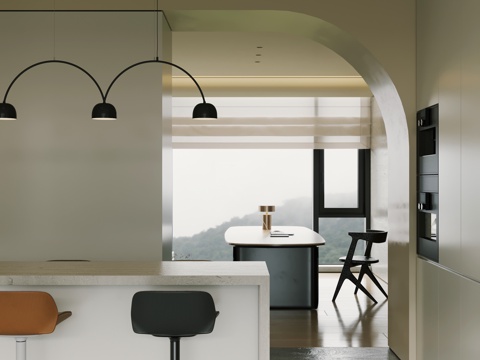  现代奶油风吧台吧椅  奶油风吧台区  奶油风岛台餐厅3d模型 