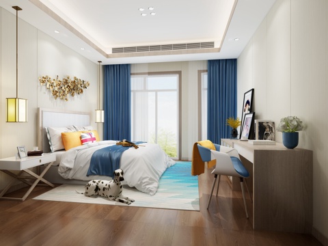  现代男孩儿童房 双人床 吊灯 装饰柜 挂画 书桌椅 宠物狗3d模型 