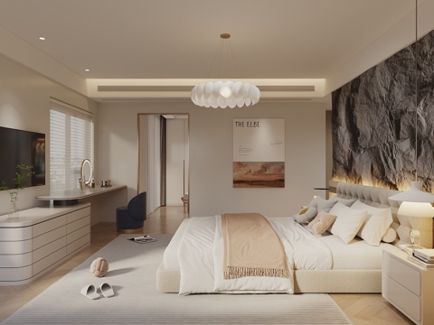  中古侘寂风卧室 老人房 民宿 双人床 电视柜 吊灯 梳妆台3d模型 