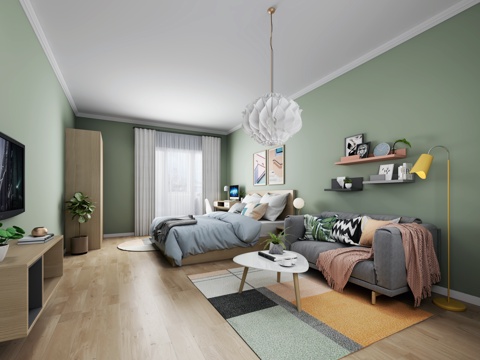  现代北欧主卧公寓层架宜家原木 双人床 双人沙发 茶几 电3d模型 