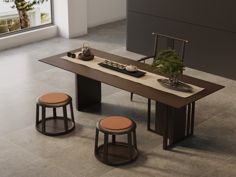  新中式茶桌椅 实木茶桌3d模型 