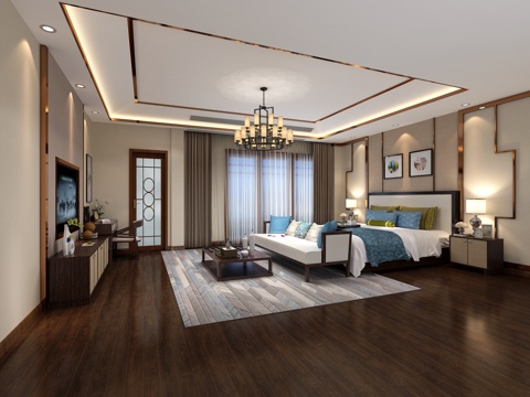  新中式卧室 中式吊灯 电视柜 新中式床3d模型 