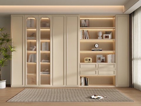  法式奶油书柜 定制满墙书柜 书籍su模型 