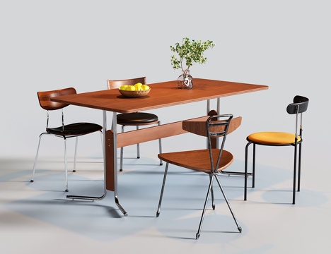  复古中古餐桌椅 餐椅 不锈钢长方形餐桌3d模型 