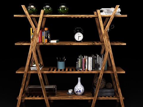  现代实木书架 饰品3d模型 