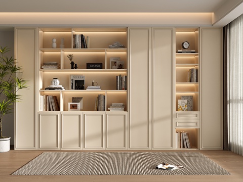  法式奶油书柜 定制满墙书柜 书籍3d模型 