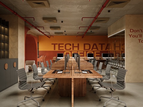  现代工业风办公空间办公室 会议室 裸露管道 橙色主题 电话亭3d模型 