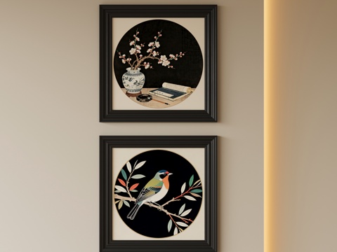  中古风工笔画挂画3d模型 