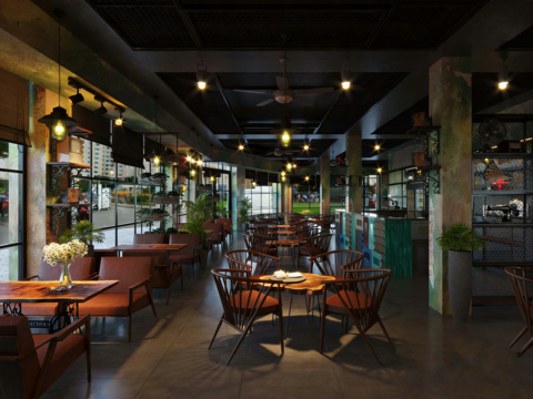  复古工业风咖啡馆 斑驳墙面 金属餐椅 复古吊灯 餐厅场景3d模型 