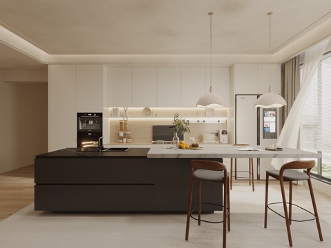  侘寂中古风餐厅 酒柜餐边柜 岛台餐厅 岛台 吧椅3d模型 