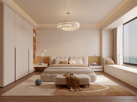  现代奶油风卧室3d模型 