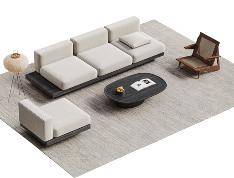  SERAX侘寂中古风沙发茶几组合 藤编休闲椅 侘寂风沙发 模3d模型 