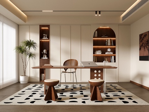  现代中古书房 书柜 书桌椅 绿植盆栽3d模型 