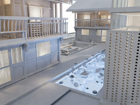  现代中式禅意建筑景观全景 木构庭院 水景火坑 云雾山景3d模型 