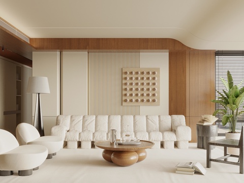  侘寂中古风客厅 沙发茶几组合 沙发背景墙 休闲椅 落地灯3d模型 