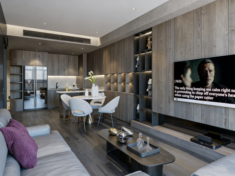  现代简约客餐厨一体 L型厨房 圆形餐桌 组合沙发 公寓3d模型 