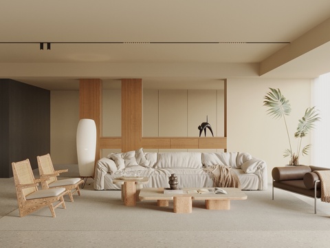  侘寂中古风客厅 沙发茶几组合 沙发背景墙 休闲椅 落地灯3d模型 