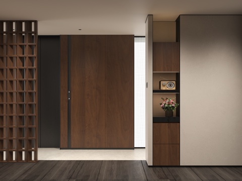  禅意门厅过道隔断 中古风玄关过道 老钱风隔断屏风 中古风壁龛3d模型 