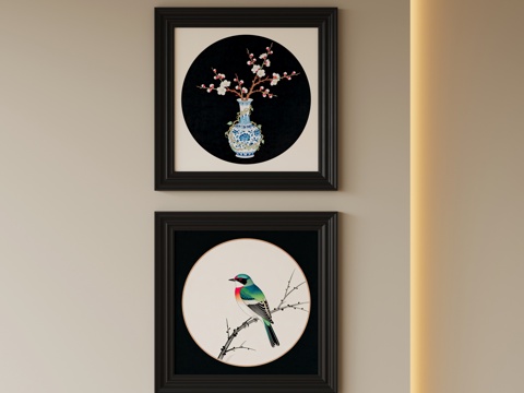 中古风工笔画挂画su模型