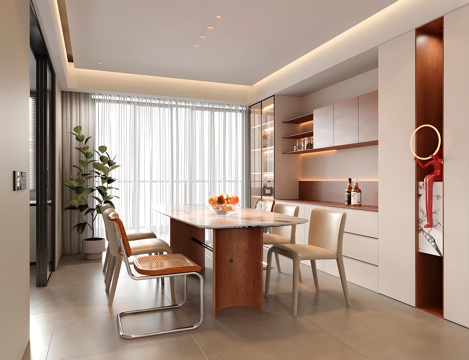 现代中古餐厅 酒柜 餐桌椅 绿植盆栽su模型