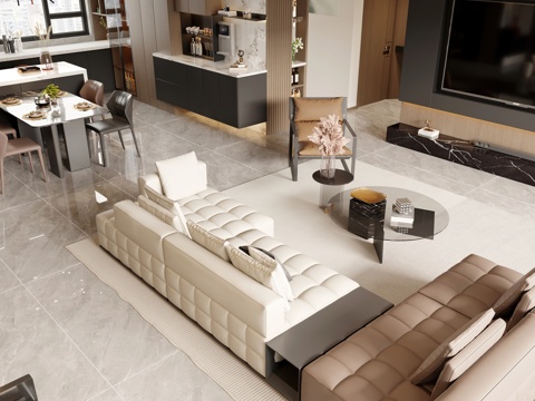  现代客餐厅 开放厨房 干区 电视墙3d模型 