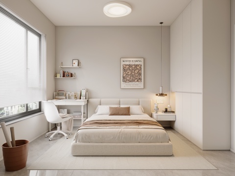  现代奶油风卧室3d模型 