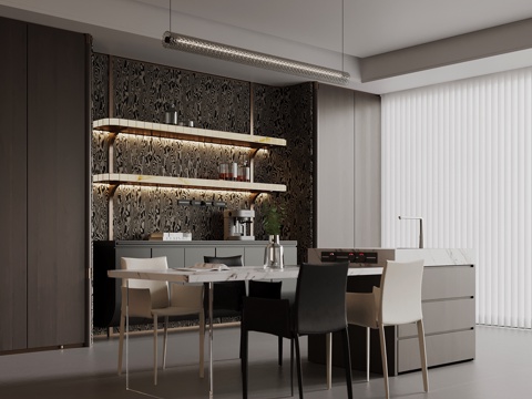  现代意式餐厅 岛台 酒柜 酒架su模型 