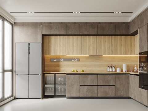  现代奶油风厨房 L型厨房 岛台厨房 厨房用品组合 冰箱 烤箱3d模型 