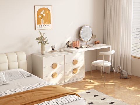  现代奶油风梳妆台卧室3d模型 