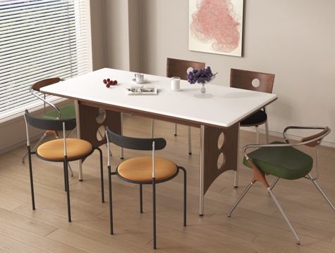 中古餐桌椅 中古风吊灯 中古包豪斯餐桌su模型