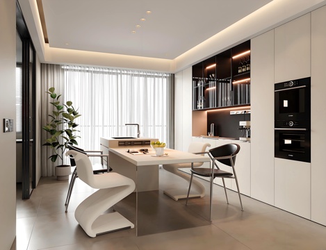  现代餐厅 酒柜 绿植盆栽 吧台餐桌椅3d模型 