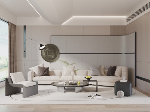  现代奶油风客厅 沙发茶几组合 沙发背景墙 休闲椅3d模型 