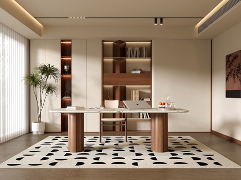  现代中古书房 书柜 书桌椅 绿植盆栽3d模型 