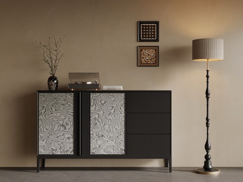 现代边柜 中古风边柜 落地灯su模型