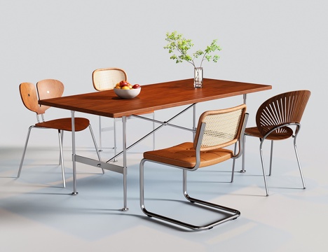  现代中古餐桌椅 餐椅 不锈钢长方形餐桌3d模型 