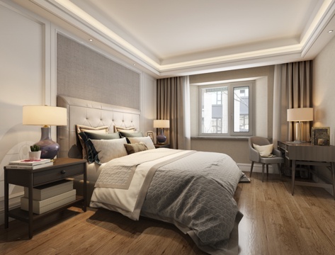  现代卧室 台灯 双人床 书桌椅3d模型 