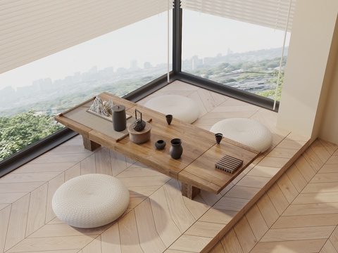  宋式茶桌椅 阳台休闲区 茶具摆件 蒲团 飘窗茶区3d模型 