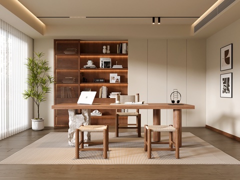  中古书房 书柜 书桌椅 绿植盆栽3d模型 