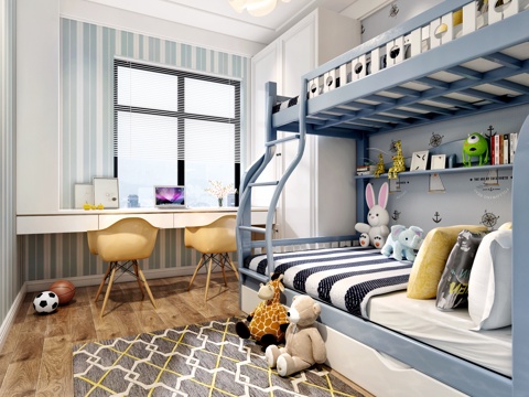  现代儿童房男孩房 吊灯 双层床 书桌椅 置物架 摆件 玩具3d模型 