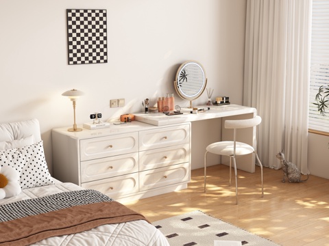  现代奶油风梳妆台卧室3d模型 