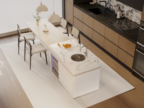  侘寂中古风餐厅 酒柜餐边柜 岛台餐厅 岛台 吧椅3d模型 