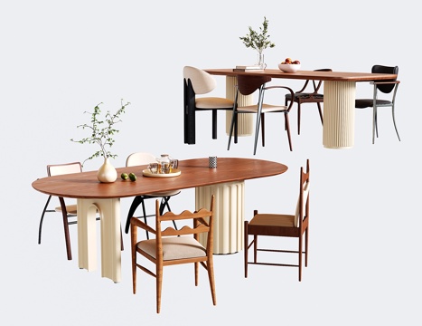  奶油风法式餐桌椅 长方形圆弧餐桌 餐椅 单椅3d模型 