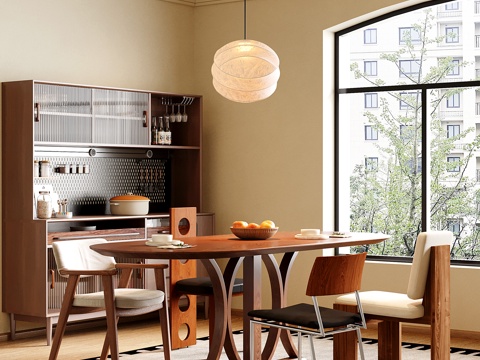 中古复古餐厅 餐桌椅 餐边柜su模型